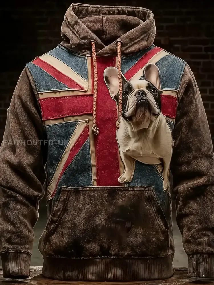 Men’s Vintage England Flag French Bulldog Printed Hoodie