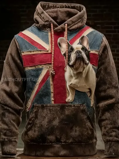 Men’s Vintage England Flag French Bulldog Printed Hoodie