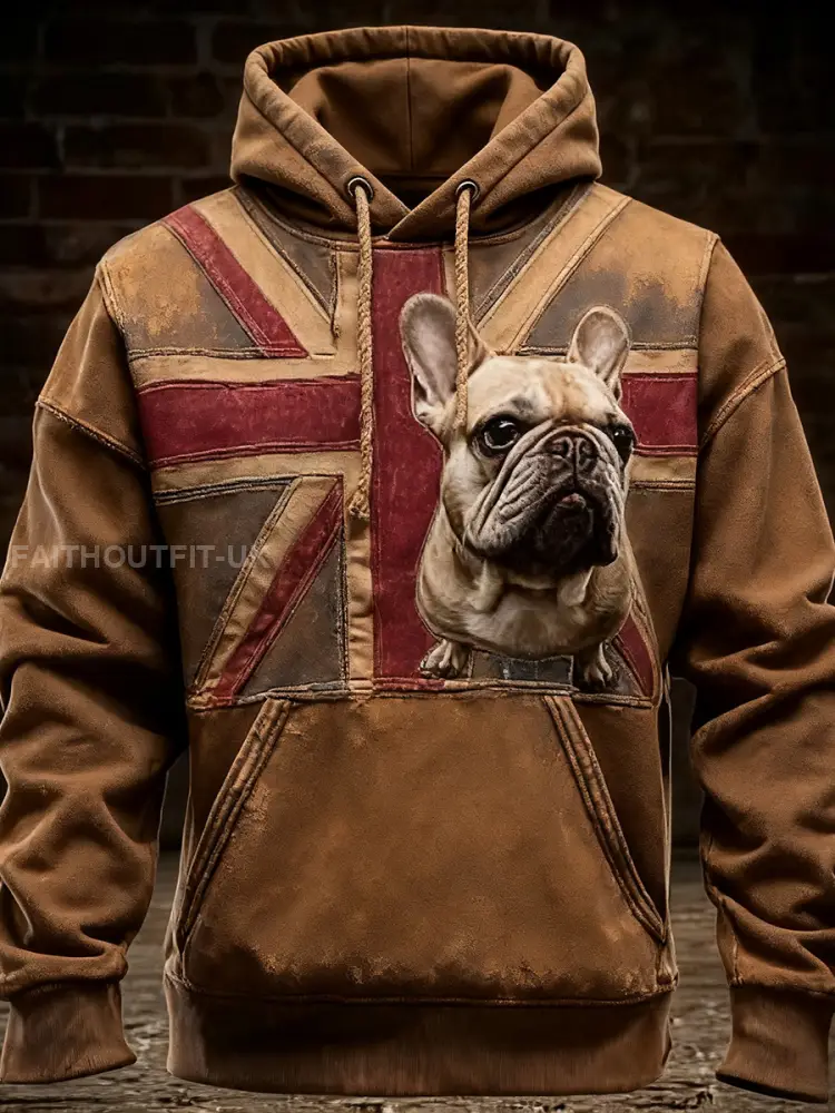 Men’s Vintage England Flag French Bulldog Printed Hoodie