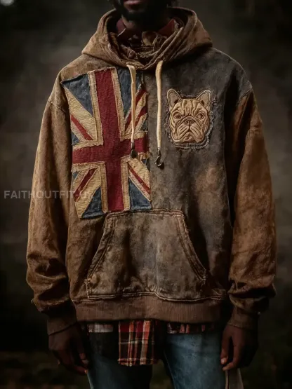 Men’s Vintage England Flag French Bulldog Printed Hoodie