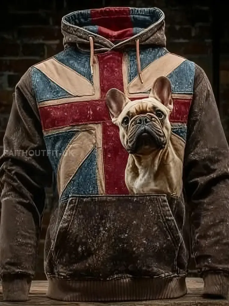 Men’s Vintage England Flag French Bulldog Printed Hoodie