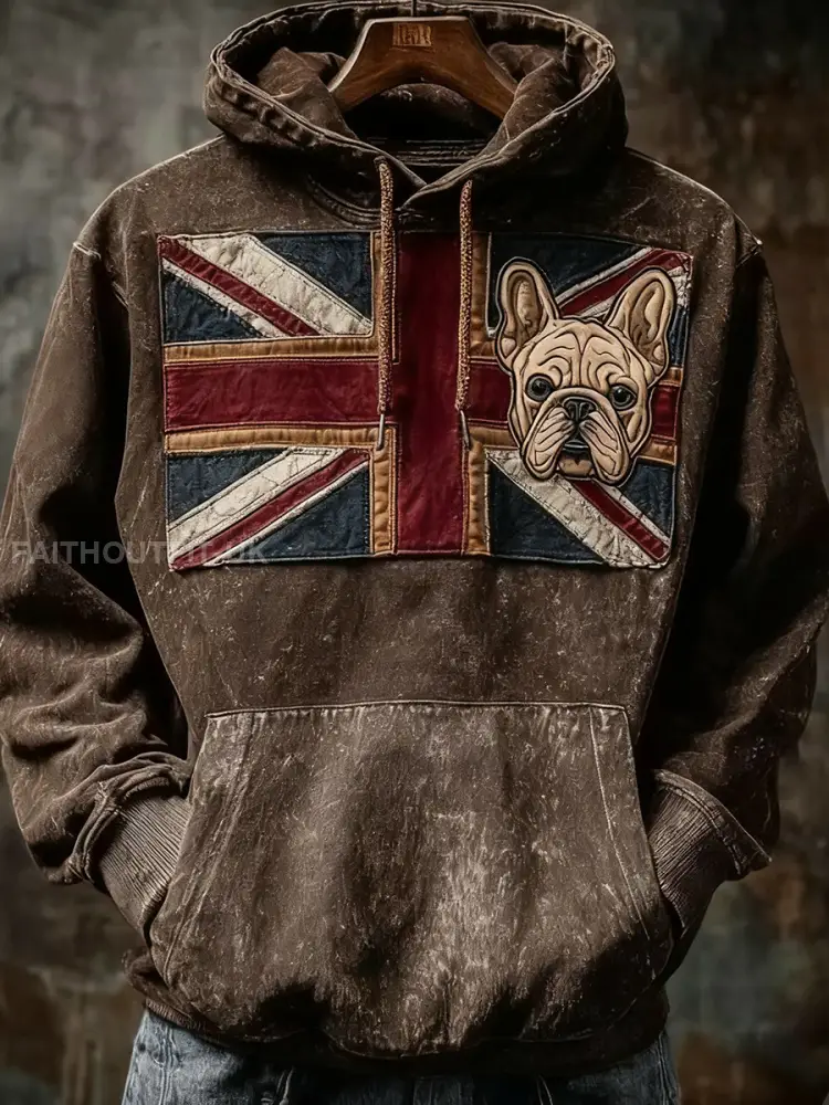Men’s Vintage England Flag French Bulldog Printed Hoodie