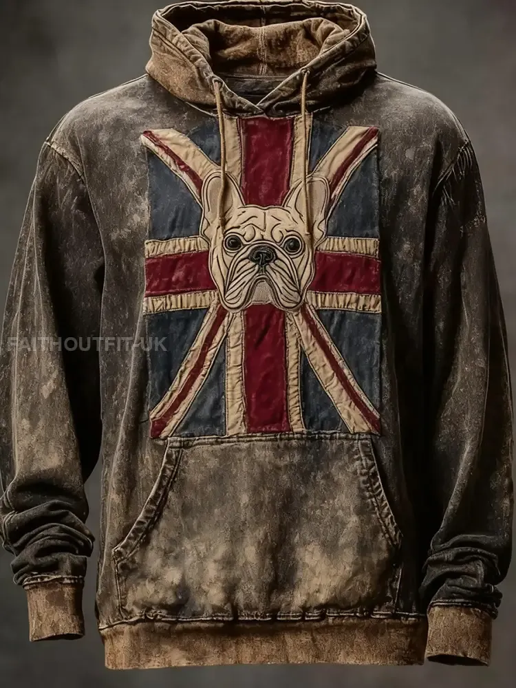Men’s Vintage England Flag French Bulldog Printed Hoodie