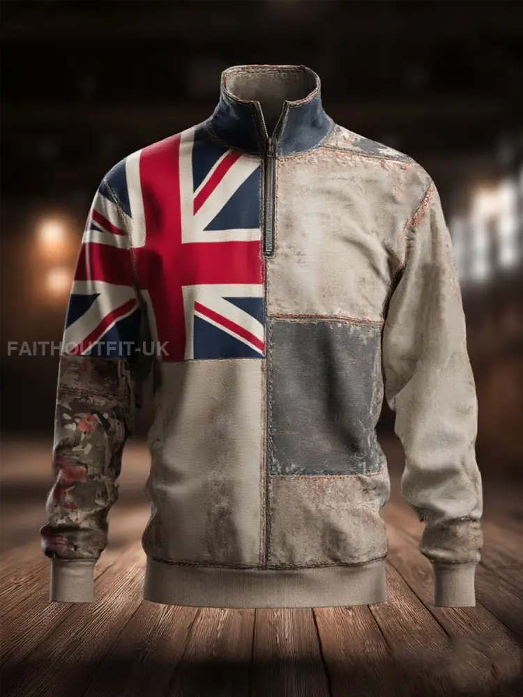 Men’s british flag patchwork Printed Zip-Up Hoodie