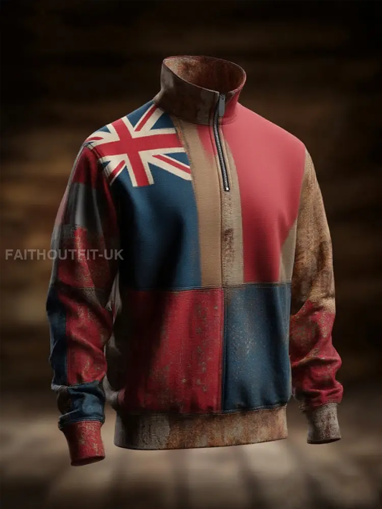Men’s british flag patchwork Printed Zip-Up Hoodie