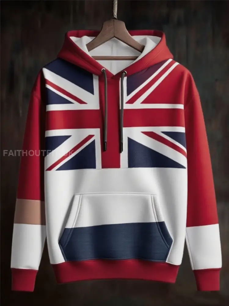 Men’s british flag patchwork Printed Oversized Drop-Shoulder Hoodie with Pockets