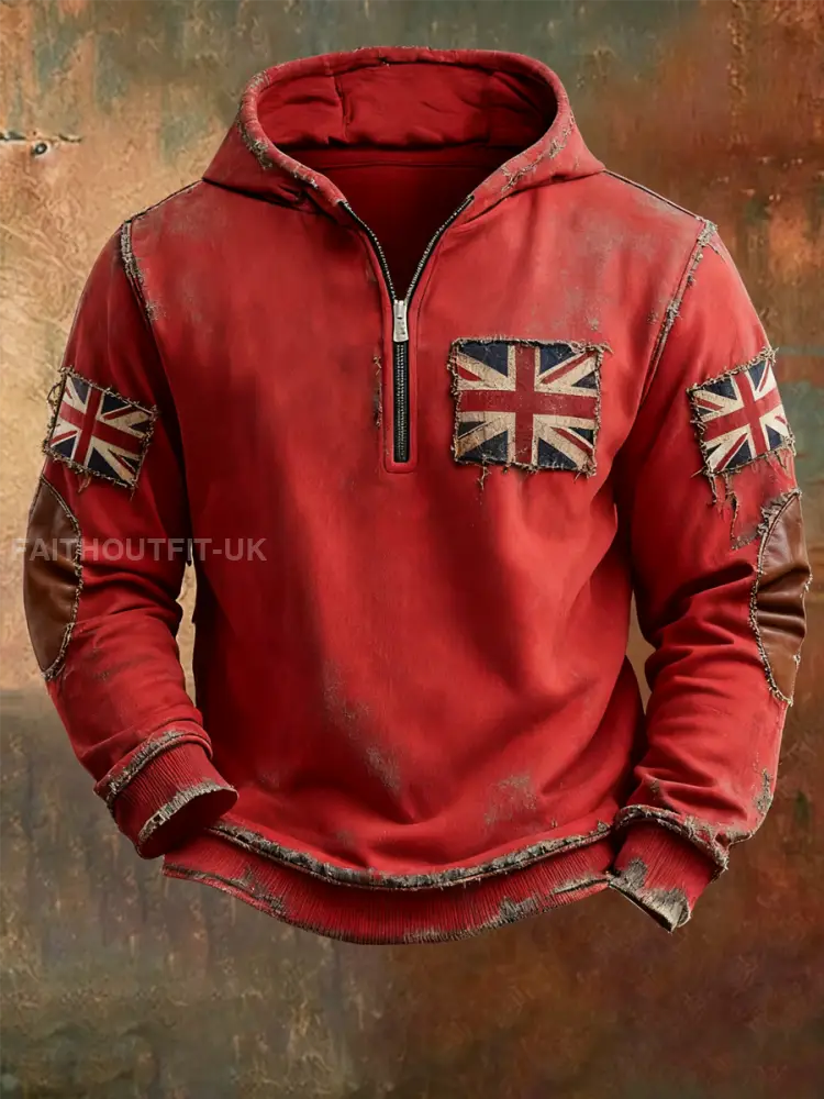 Men’sbritish flag patchwork Printed Hoodless drawstring sweatshirt