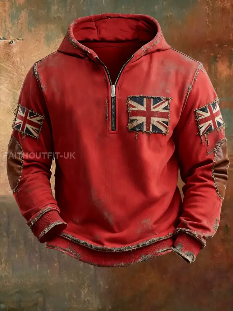 Men’sbritish flag patchwork Printed Hoodless drawstring sweatshirt