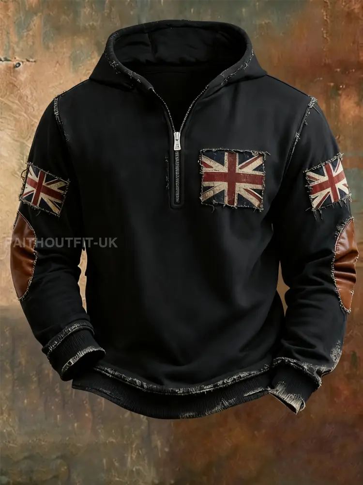 Men’sbritish flag patchwork Printed Hoodless drawstring sweatshirt