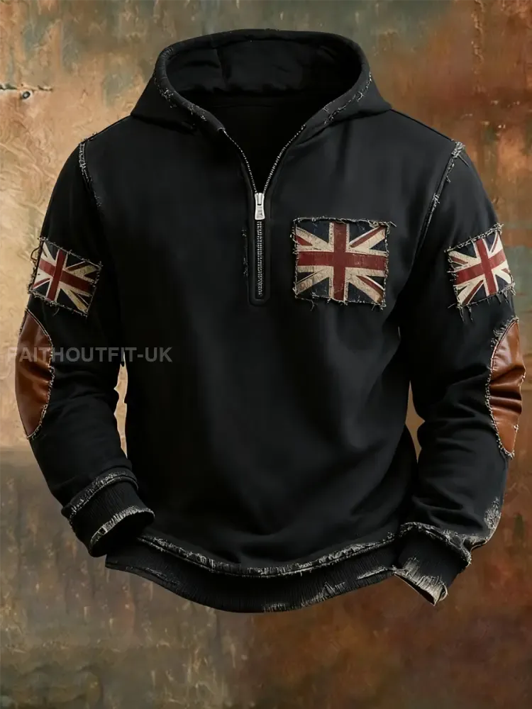 Men’sbritish flag patchwork Printed Hoodless drawstring sweatshirt