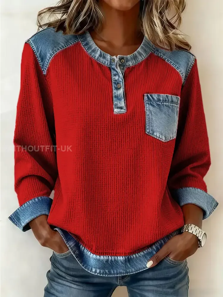 Women’s Fashion Patchwork Design Cozy Top