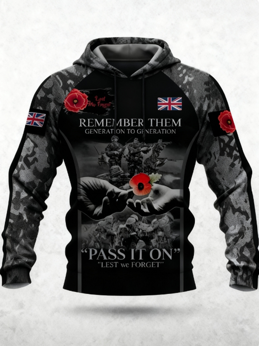 Men's 11th November Remembrance Day LEST WE'S FORGET Poppy Remembrance Hoodie 