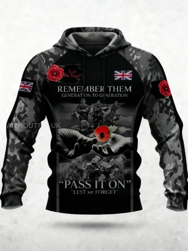 Men's 11th November Remembrance Day LEST WE'S FORGET Poppy Remembrance Hoodie 