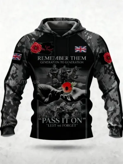 Men's 11th November Remembrance Day LEST WE'S FORGET Poppy Remembrance Hoodie 