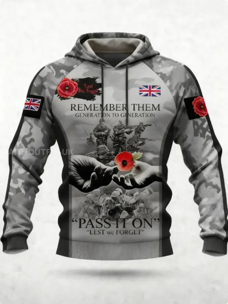 Men's 11th November Remembrance Day LEST WE'S FORGET Poppy Remembrance Hoodie 