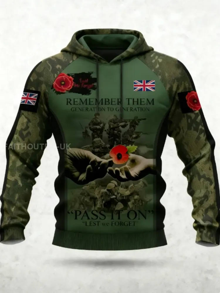 Men's 11th November Remembrance Day LEST WE'S FORGET Poppy Remembrance Hoodie 