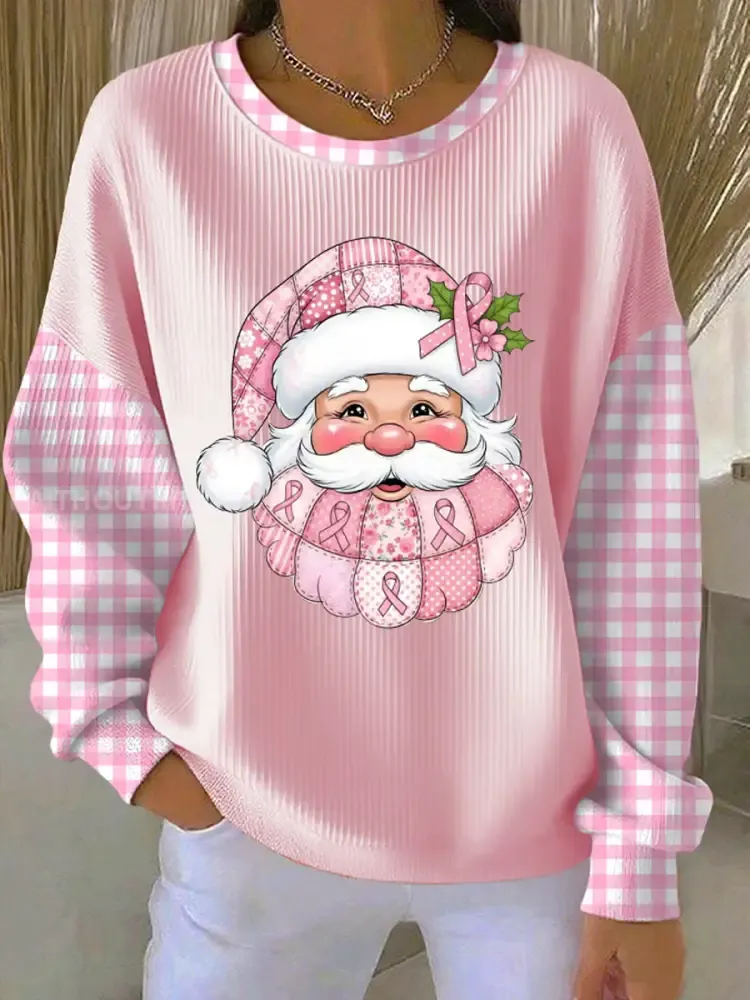 Women’s Breast Cancer Awareness Santa Claus Print Ribbed Round-Neck Sweatshirt