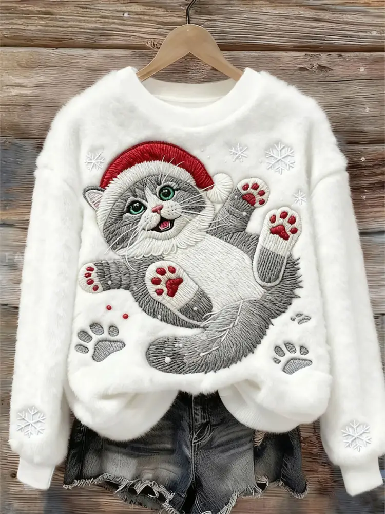Women’s Cute Christmas Cat Art Print Casual Flannel Sweatshirt