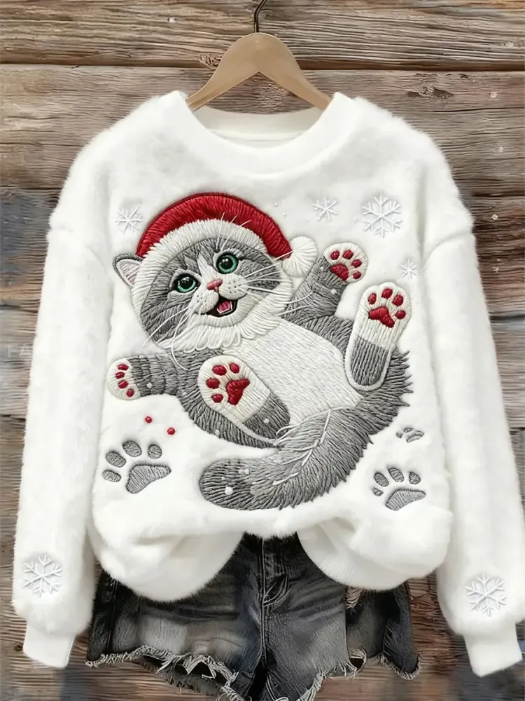 Women’s Cute Christmas Cat Art Print Casual Flannel Sweatshirt