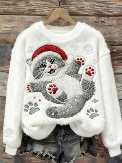 Women’s Cute Christmas Cat Art Print Casual Flannel Sweatshirt
