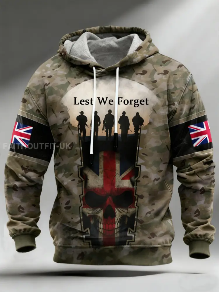 Men’s Lest We Forget Veterans UK Flag Camouflage Print Casual Hoodie