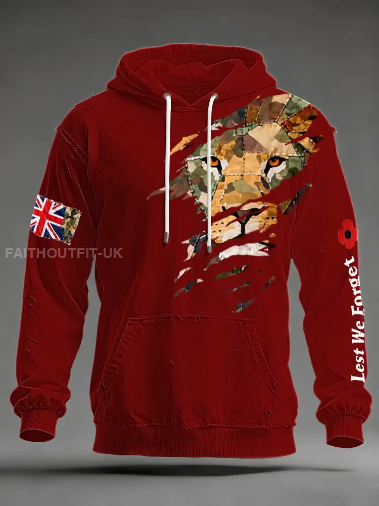 Men’s British Lion Lest We Forget Oversized Drop-Shoulder Hoodie with Pockets