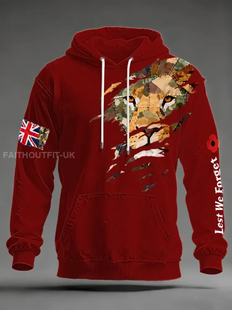 Men’s British Lion Lest We Forget Oversized Drop-Shoulder Hoodie with Pockets