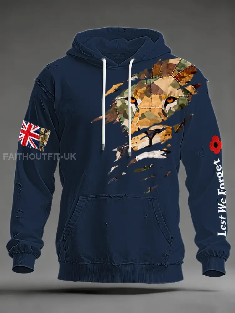 Men’s British Lion Lest We Forget Oversized Drop-Shoulder Hoodie with Pockets