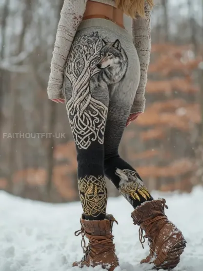 Women’s Viking Wolf Tree Of Life Pattern Cozy Leggings