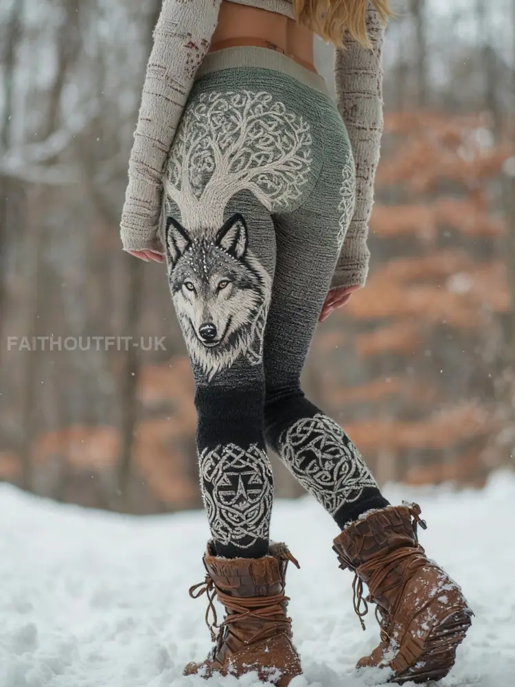 Women’s Viking Wolf Tree Of Life Pattern Cozy Leggings