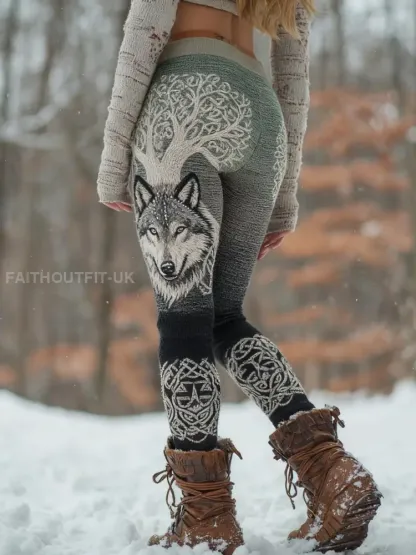 Women’s Viking Wolf Tree Of Life Pattern Cozy Leggings