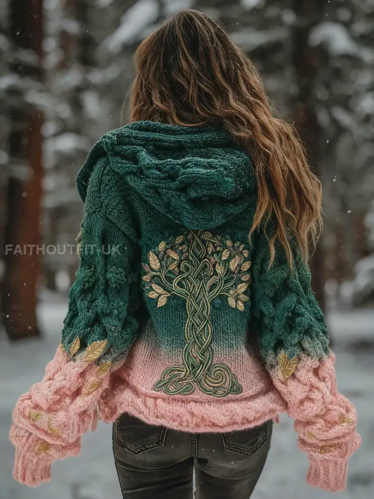 Women’s Viking Tree Of Life Pattern Gradient Multicolour Cardigan Knit Jacket