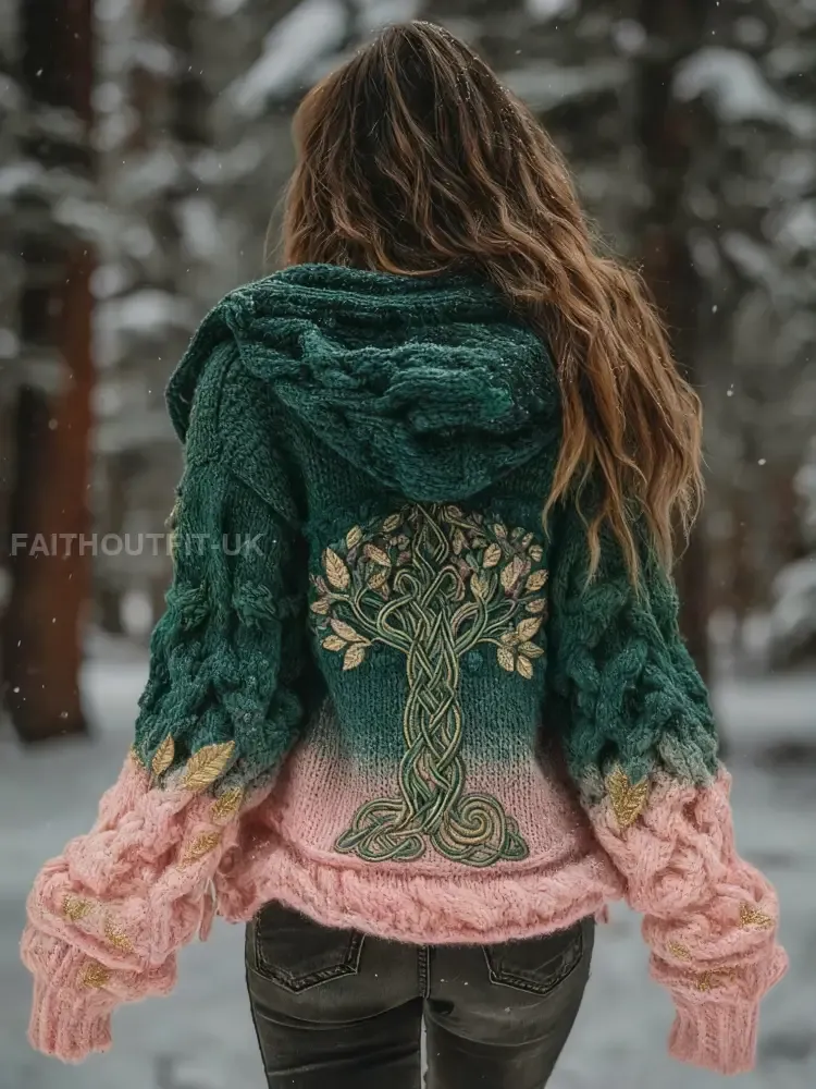 Women’s Viking Tree Of Life Pattern Gradient Multicolour Cardigan Knit Jacket