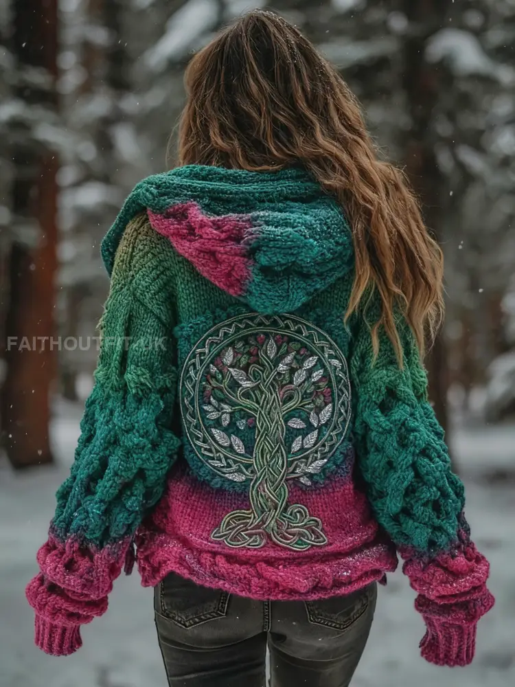 Women’s Viking Tree Of Life Pattern Gradient Multicolour Cardigan Knit Jacket