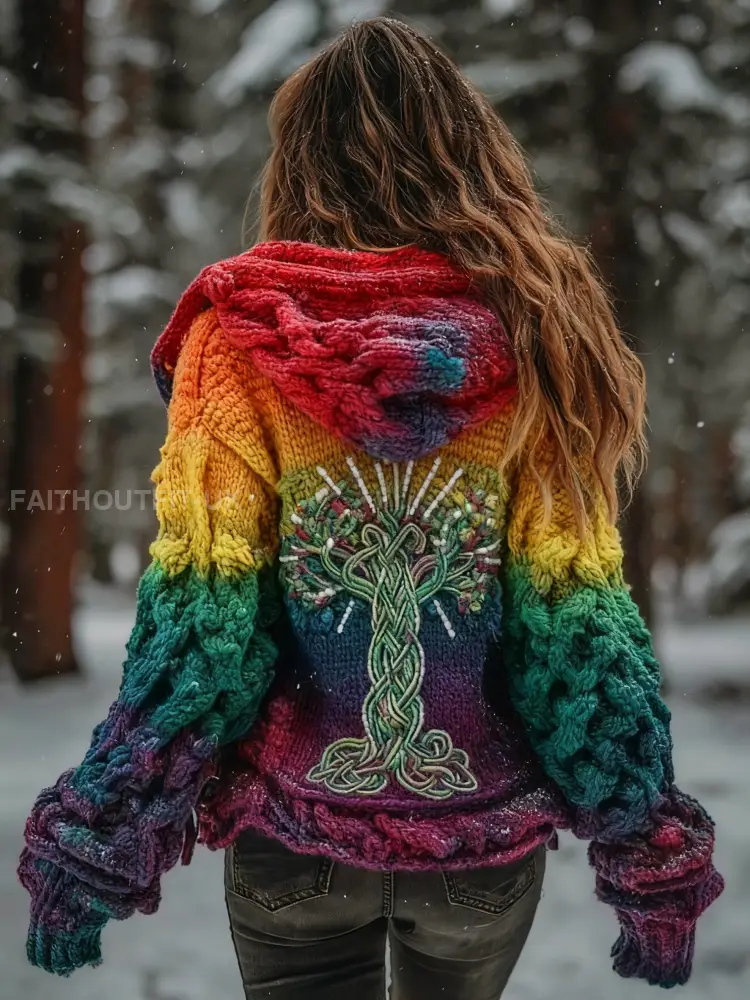 Women’s Viking Tree Of Life Pattern Gradient Multicolour Cardigan Knit Jacket