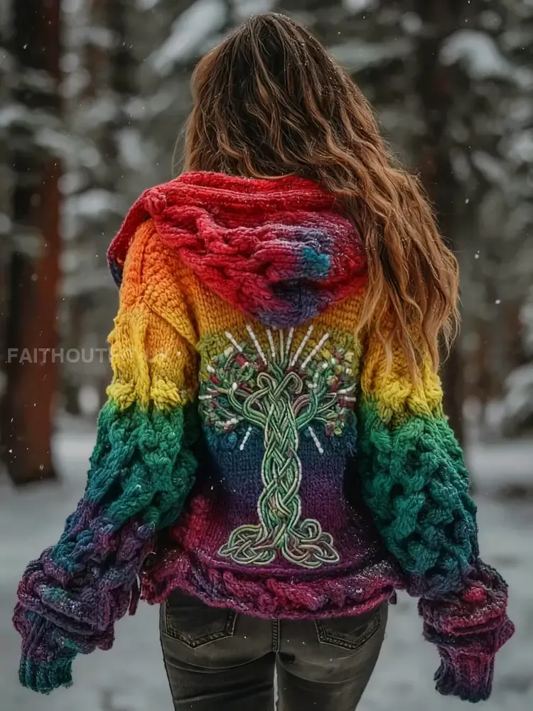 Women’s Viking Tree Of Life Pattern Gradient Multicolour Cardigan Knit Jacket