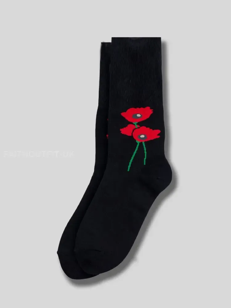 Unisex Remembrance Day Red Poppies Socks - Black · ONE