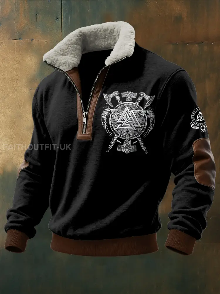 Men’s Viking Triangle Printed Long Sleeved Stand Up Collar Lambhair Zipper Top