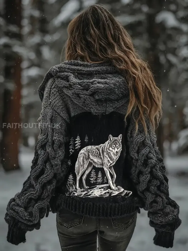 Women’s Viking Wolf Tree Of Life Pattern Gradient Cardigan Knit Jacket