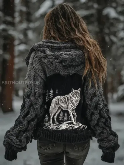 Women’s Viking Wolf Tree Of Life Pattern Gradient Cardigan Knit Jacket