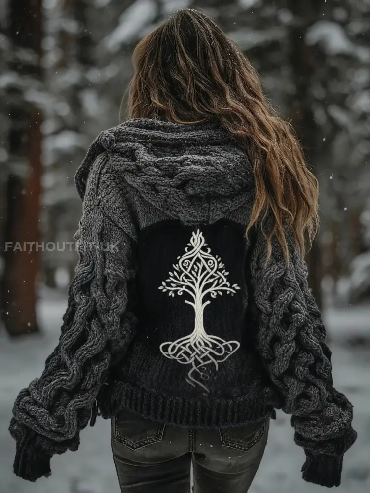 Women’s Viking Tree Of Life Pattern Gradient Cardigan Knit Jacket