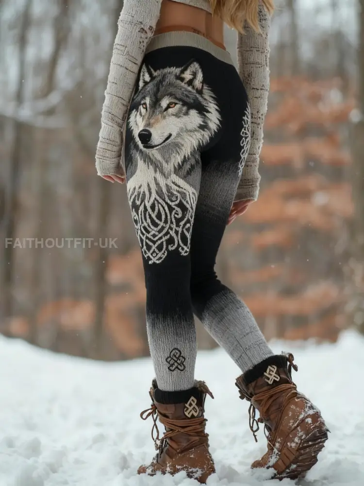 Women’s Retro Viking Wolf Celtic Knot Tree Of Life Sports Stretch Leggings
