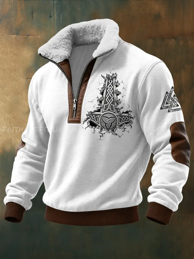 Men’s Viking Printed Long Sleeved Stand Up Collar Lambhair Zipper Top