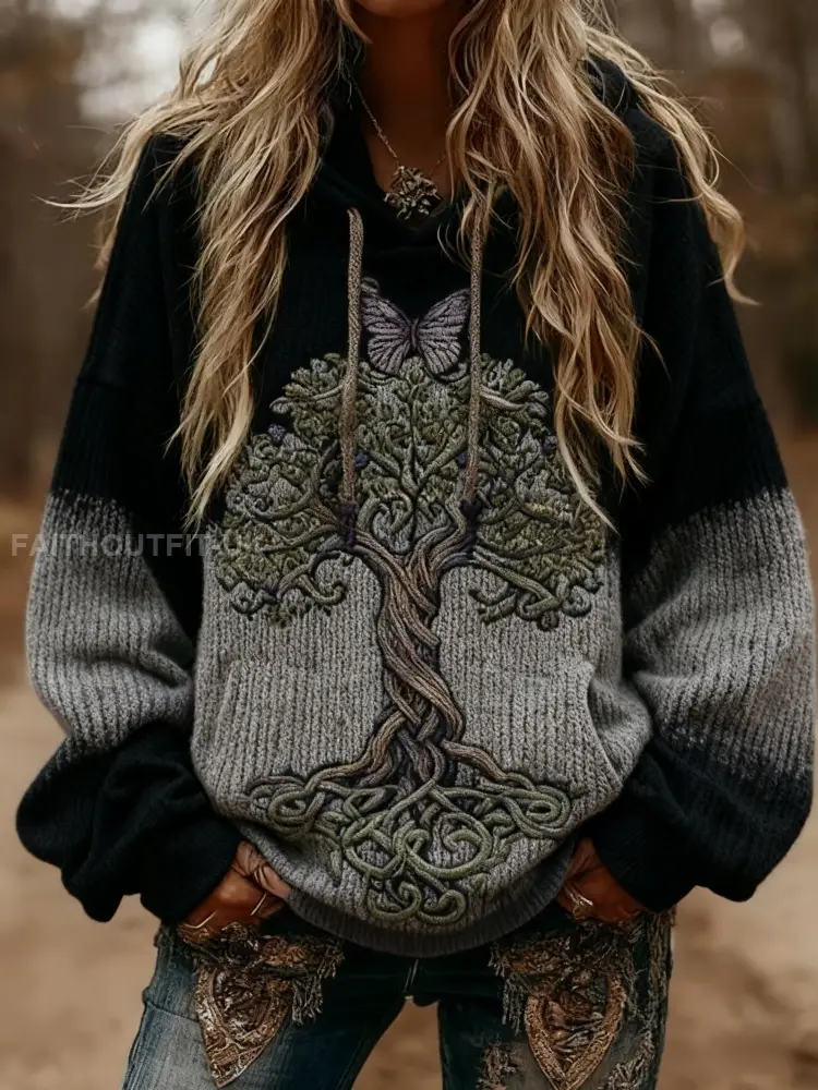 Women’s Viking Butterfly Celtic Knot Tree Of Life Gradient Print Long-Sleeved Hooded Sweater