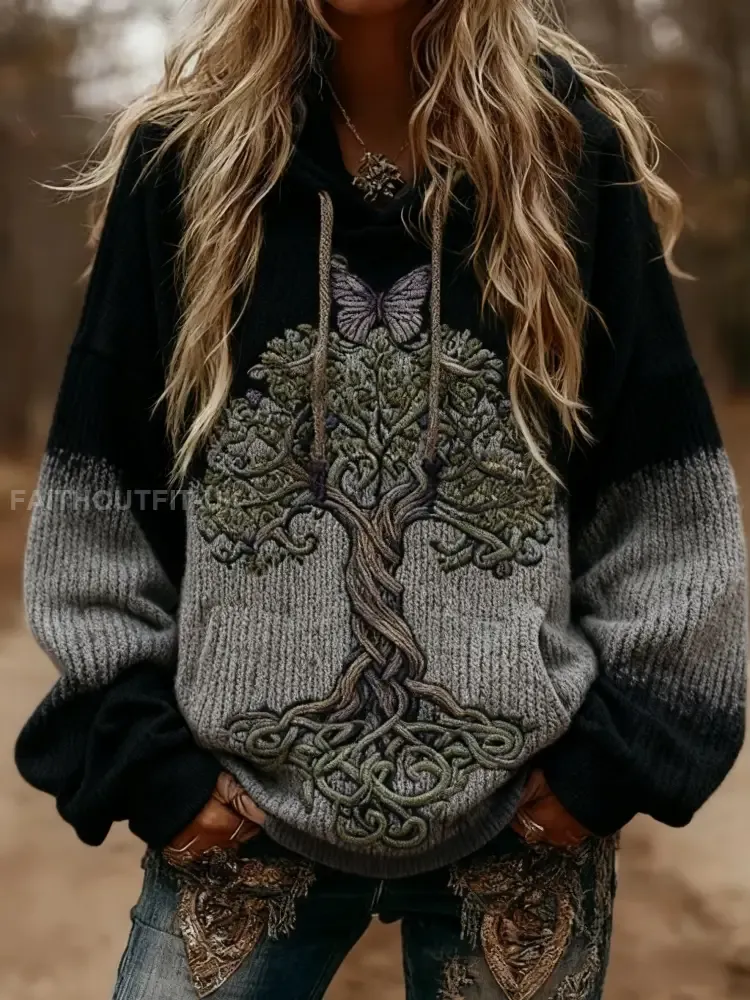 Women’s Viking Butterfly Celtic Knot Tree Of Life Gradient Print Long-Sleeved Hooded Sweater