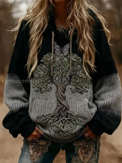 Women’s Viking Butterfly Celtic Knot Tree Of Life Gradient Print Long-Sleeved Hooded Sweater
