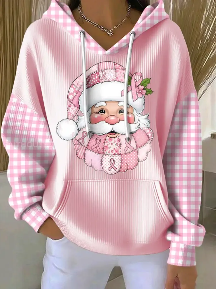 Women’s Breast Cancer Awareness Santa Claus Print Hoodie