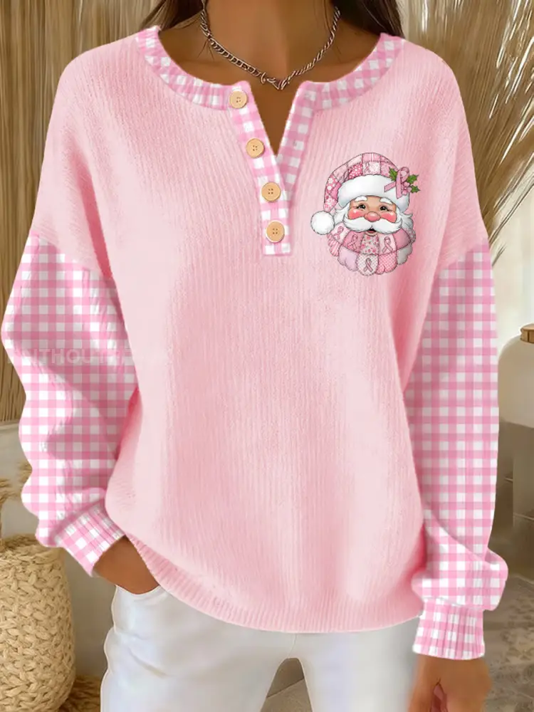 Women’s Breast Cancer Awareness Santa Claus Print Long-sleeve Cardigan