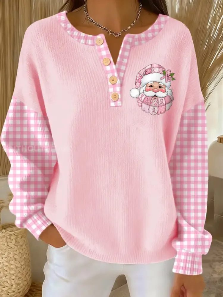 Women’s Breast Cancer Awareness Santa Claus Print Long-sleeve Cardigan
