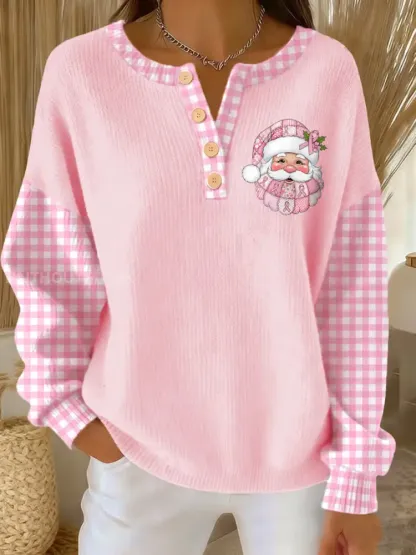 Women’s Breast Cancer Awareness Santa Claus Print Long-sleeve Cardigan